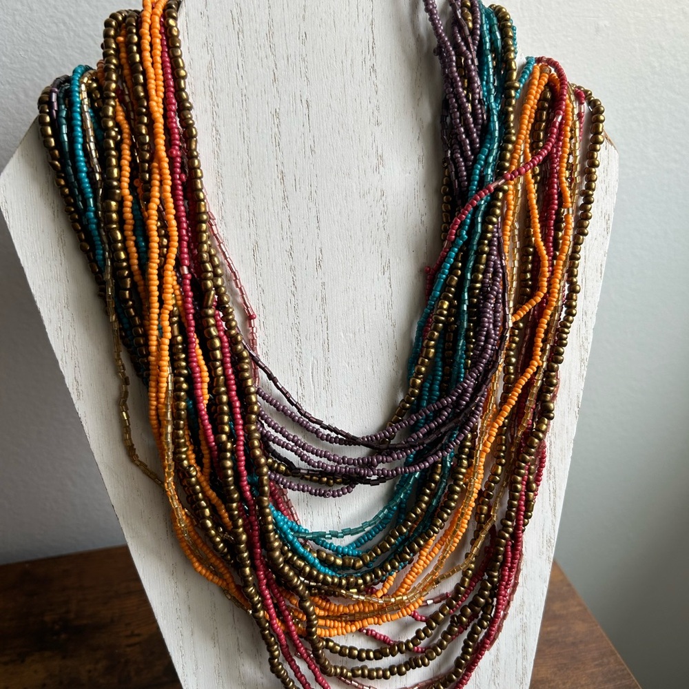 Vintage Multi-Strand Beaded Statement Necklace in Red, Teal & Gold